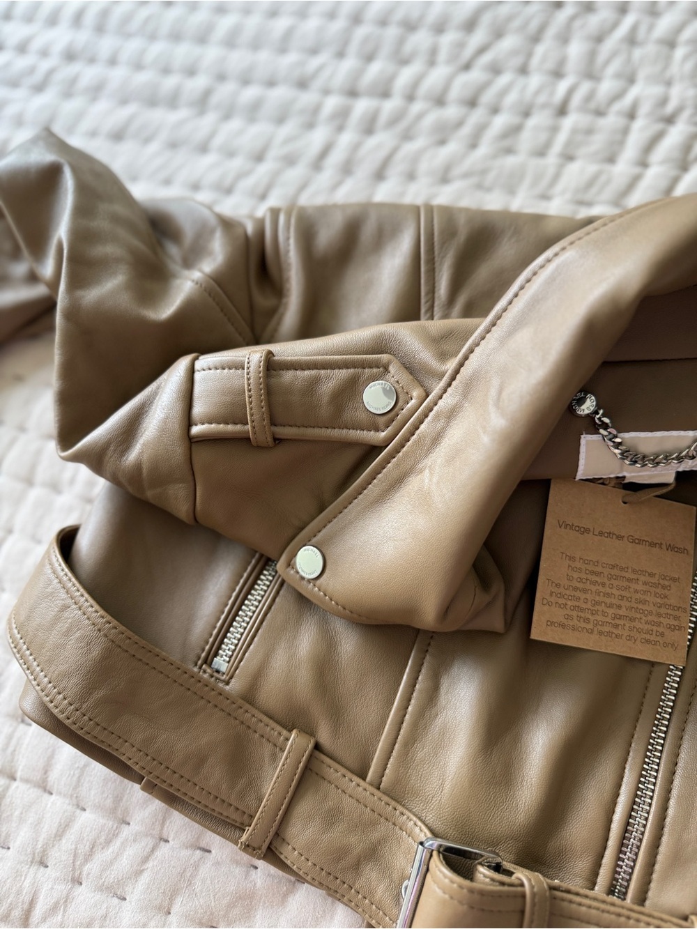 Michael Kors Women's Belted Leather Moto Coat Husk L NWT $480 - Picture 12 of 16